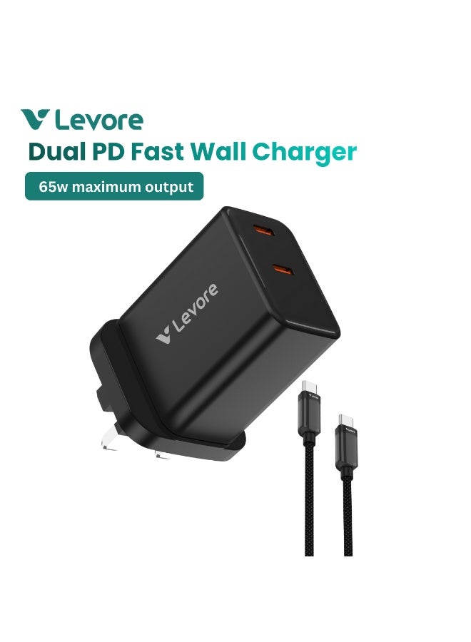 ليفور شاحن حائط ليفور GaN بقوة 65 واط مع منفذي PD وكابل USB-C إلى USB-C – LGW161-BK - Image 1